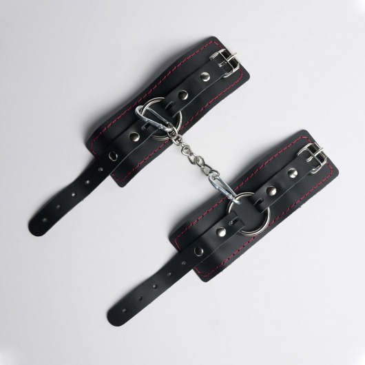 Черные кожаные наручники с красной строчкой - Crazy Handmade - купить с доставкой в Нижнем Тагиле