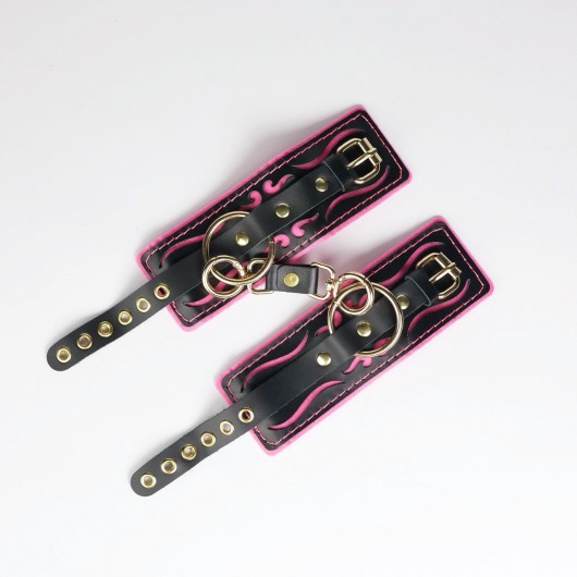 Черные кожаные наручники с розовой строчкой - Crazy Handmade - купить с доставкой в Нижнем Тагиле