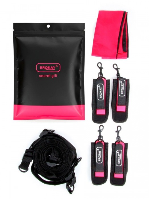 Черно-розовый эротический набор: фиксатор, оковы, наручники, повязка - Erokay - купить с доставкой в Нижнем Тагиле