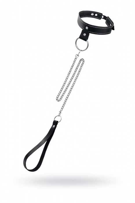 Черный узкий однослойный ошейник с серебристым поводком-цепочкой - Pecado - купить с доставкой в Нижнем Тагиле