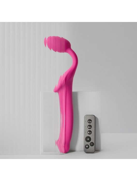 Ярко-розовый безремневой страпон Strap-on-me Vibrating Bendable Strap-On size M - Strap-on-me - купить с доставкой в Нижнем Тагиле