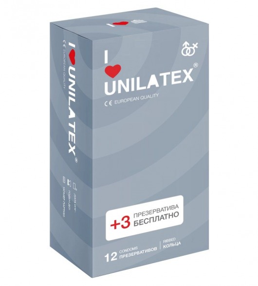 Презервативы с рёбрами Unilatex Ribbed - 12 шт. + 3 шт. в подарок - Unilatex - купить с доставкой в Нижнем Тагиле